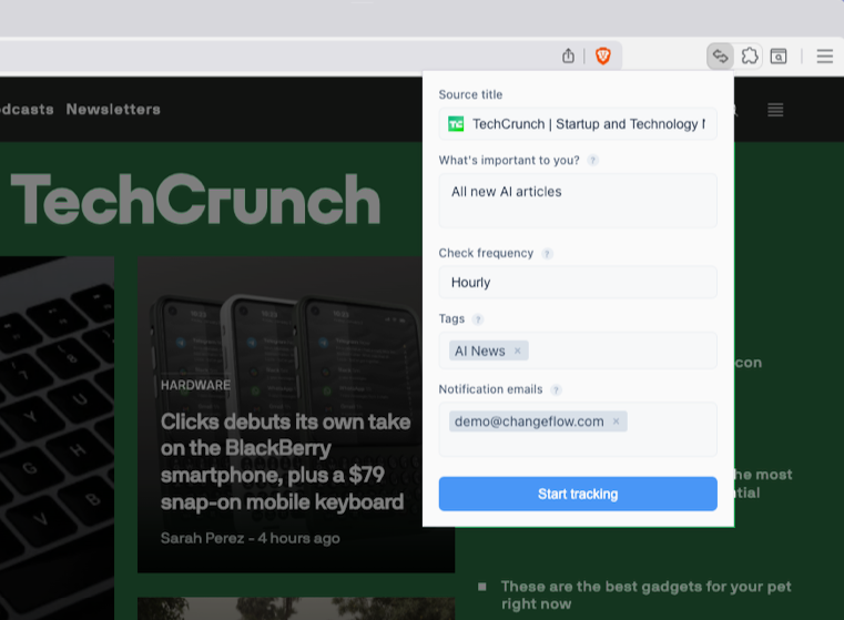Changeflow extension popup showing subscription form