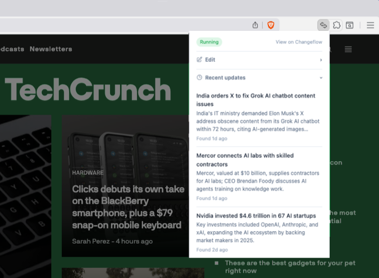 Extension showing recent AI-summarized changes