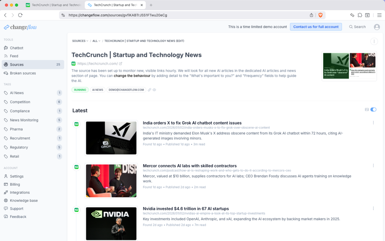 Changeflow dashboard showing monitored pages