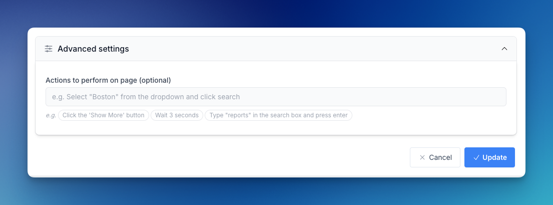 Actions to perform on page field