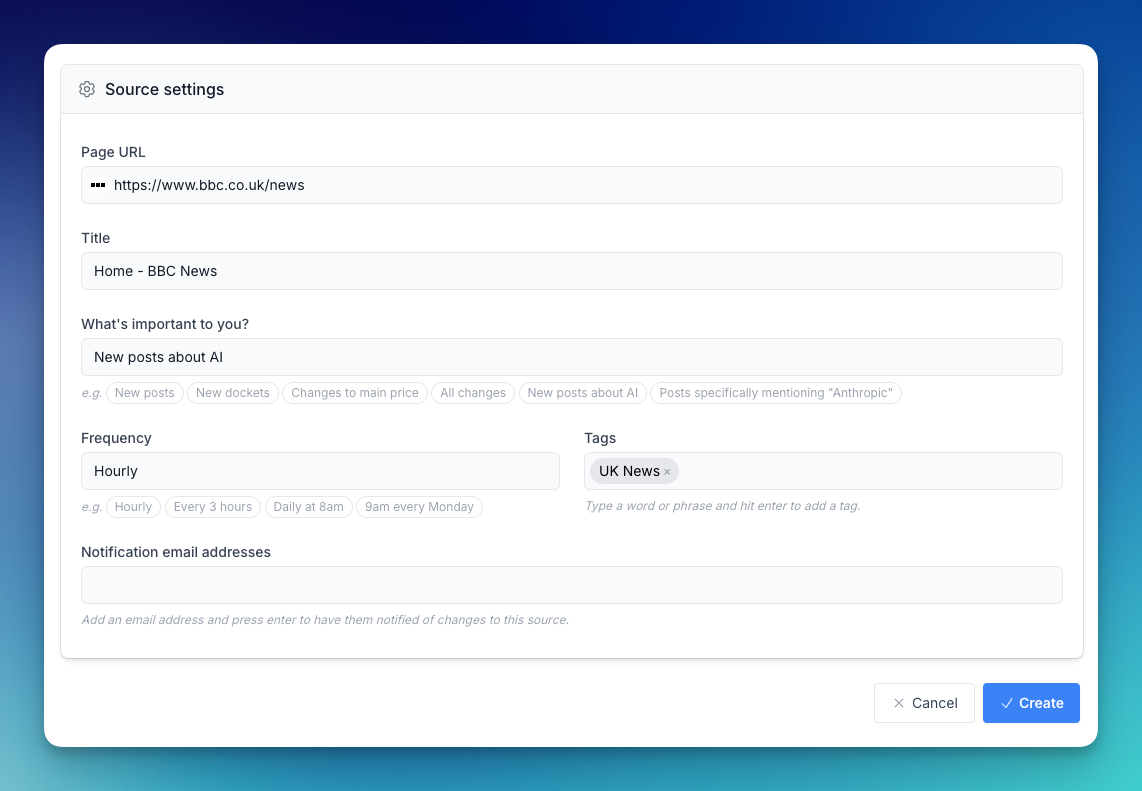 Notification addresses setting