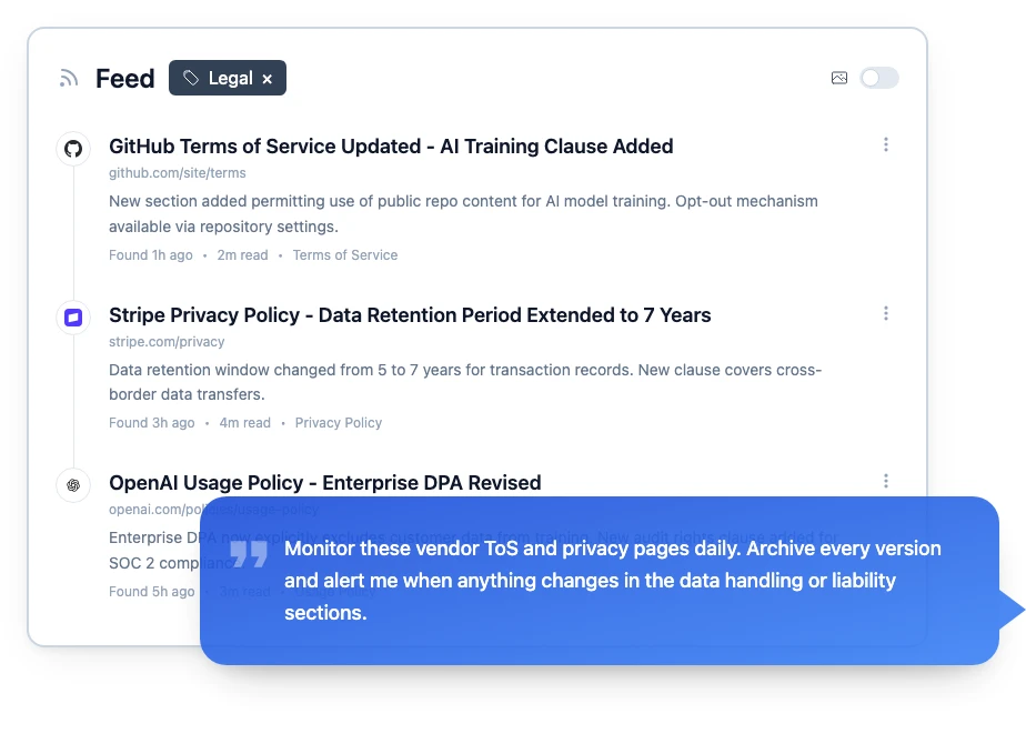 Changeflow feed with AI chat bubble showing automatic monitoring of vendor terms of service and privacy policy changes