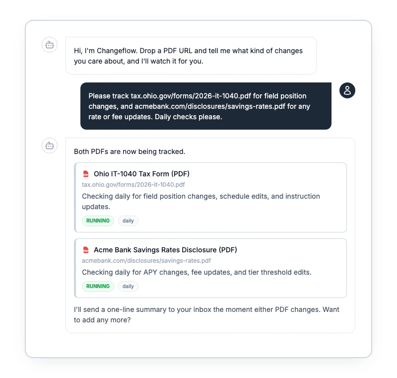 Changeflow chat setup showing a user asking the AI to track an insurance policy PDF and a state tax form PDF, with both sources confirmed running
