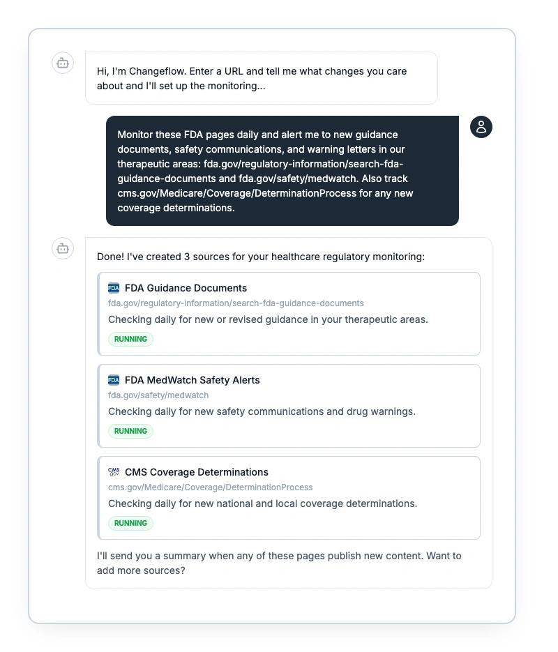 Changeflow chat interface showing FDA and CMS source setup with AI assistant