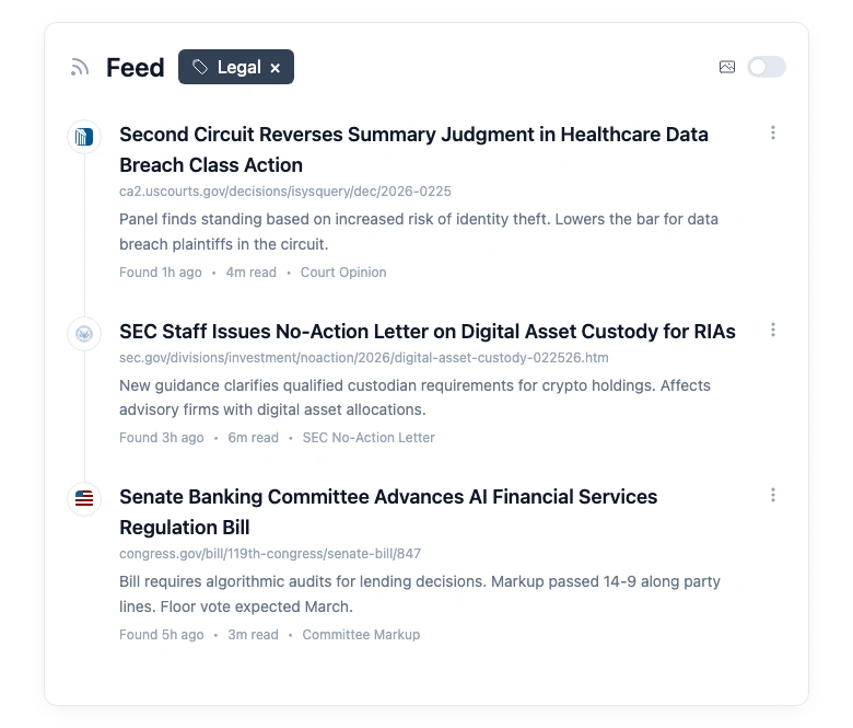 Changeflow feed showing court, regulatory, and legislative updates for a law firm
